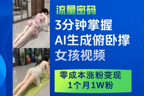 3分钟掌握AI生成俯卧撑女孩视频，零成本涨粉变现，1个月1W粉-一起创业
