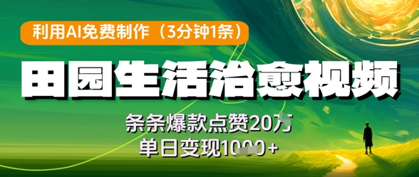 利用AI免费制作田园生活治愈视频，条条爆款点赞20W，单日变现几张-一起创业
