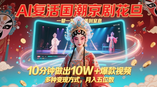AI复活国潮京剧花旦，一颦一笑美到窒息，10分钟做出10W+爆款视频，多种变现方式，月入五位数-一起创业