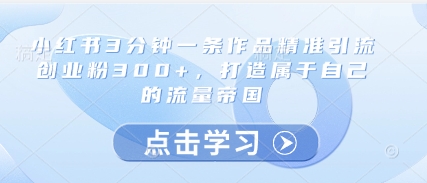 小红书3分钟一条作品精准引流创业粉300+，打造属于自己的流量帝国-一起创业