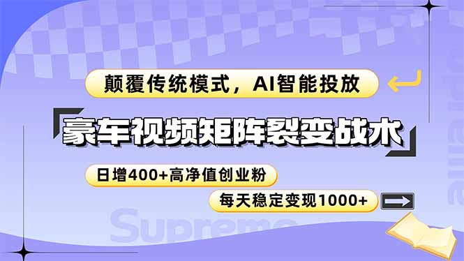 豪车视频矩阵裂变战术，颠覆传统模式，AI智能投放，日增400+高净值创业…-一起创业