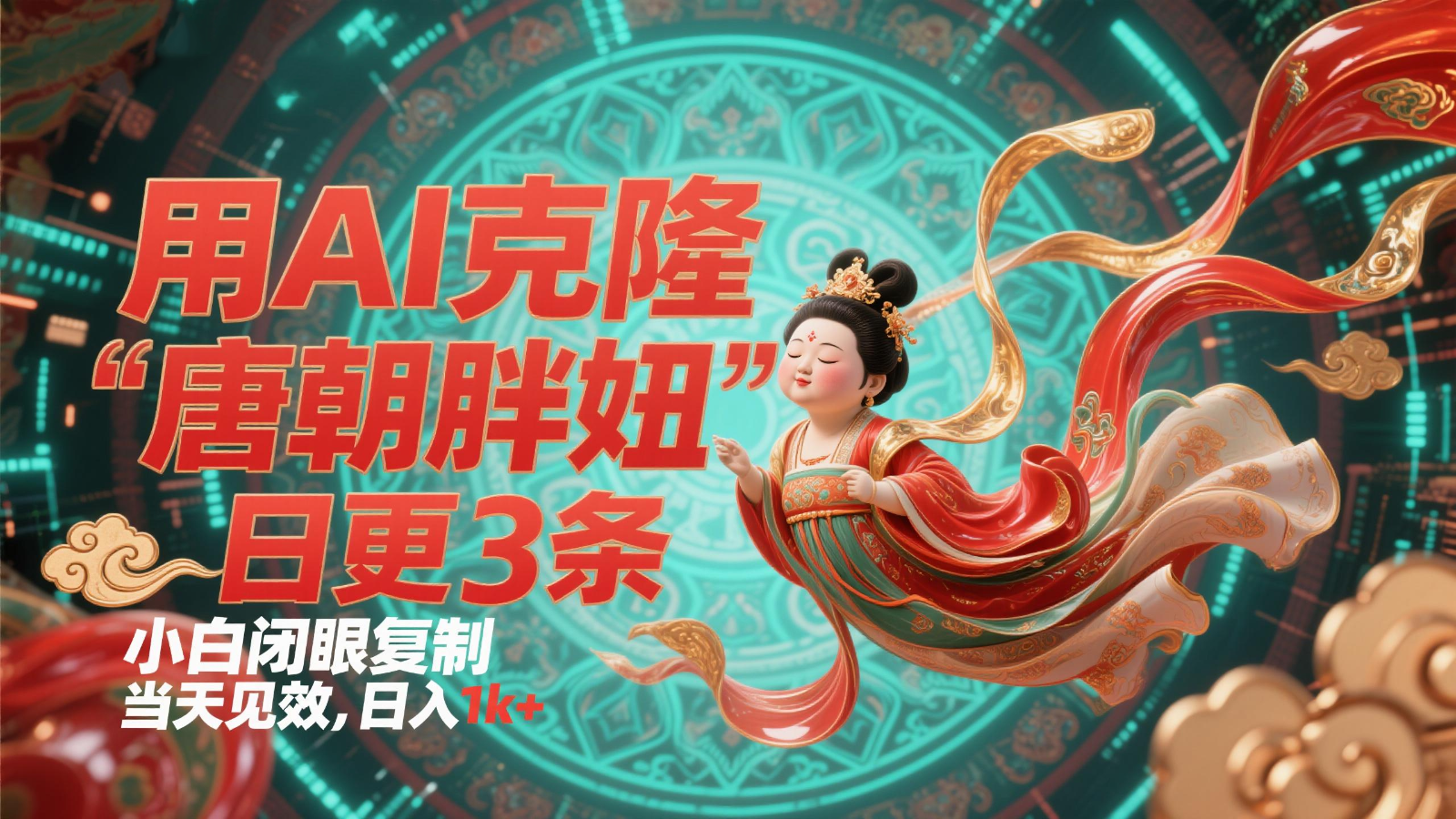 用AI克隆“唐朝胖妞”日更3条，平台疯狂推流，小白闭眼复制，当天见效，日入1k+-一起创业