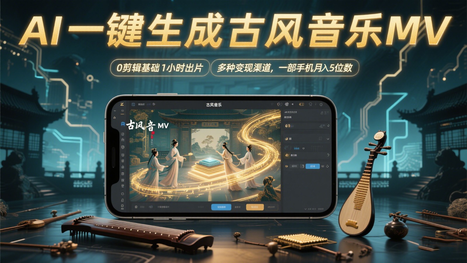 AI一键生成古风音乐MV，0剪辑基础1小时出片，多种变现渠道，一部手机月入5位数-一起创业