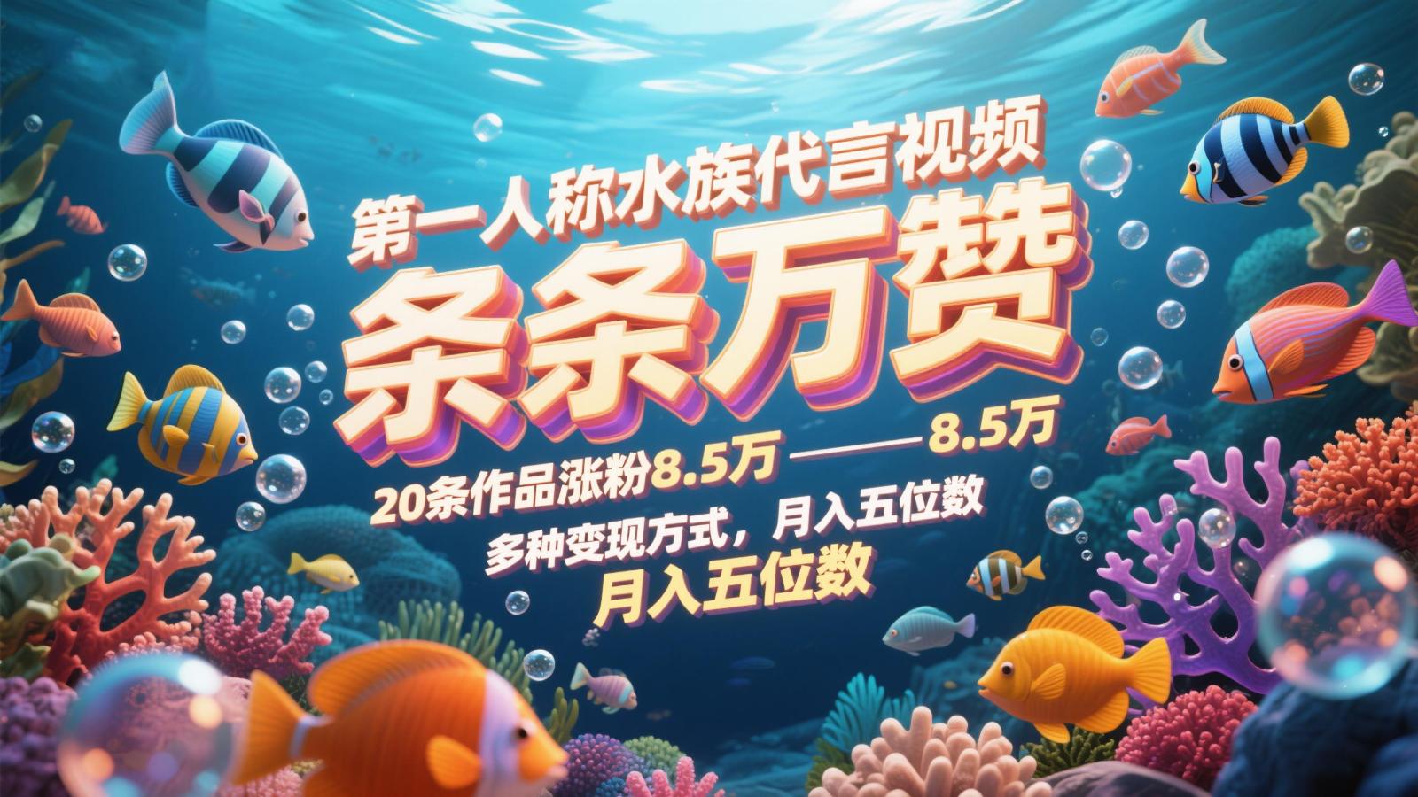 第一人称水族代言视频，条条万赞，20条作品涨粉8.5万，多种变现方式月，入五位数-一起创业