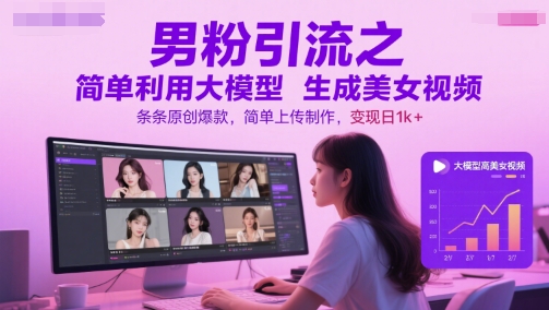 男粉引流之简单利用大模型生成美女视频，条条原创爆款，简单上传制作，变现日1k+-一起创业