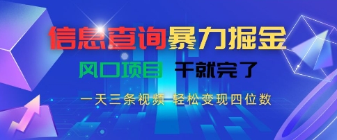 信息查询暴力掘金，一天三条视频，轻松变现四位数，风口项目干就完了【揭秘】-一起创业