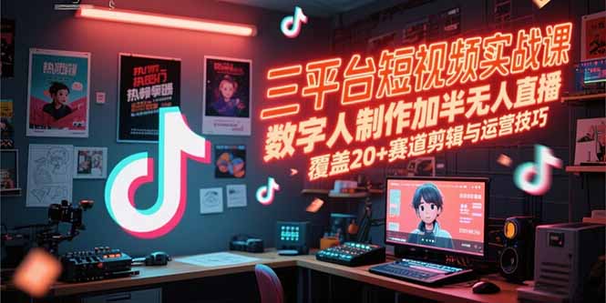 三平台短视频实战课，数字人制作加半无人直播，覆盖20+赛道剪辑与运营技巧-一起创业